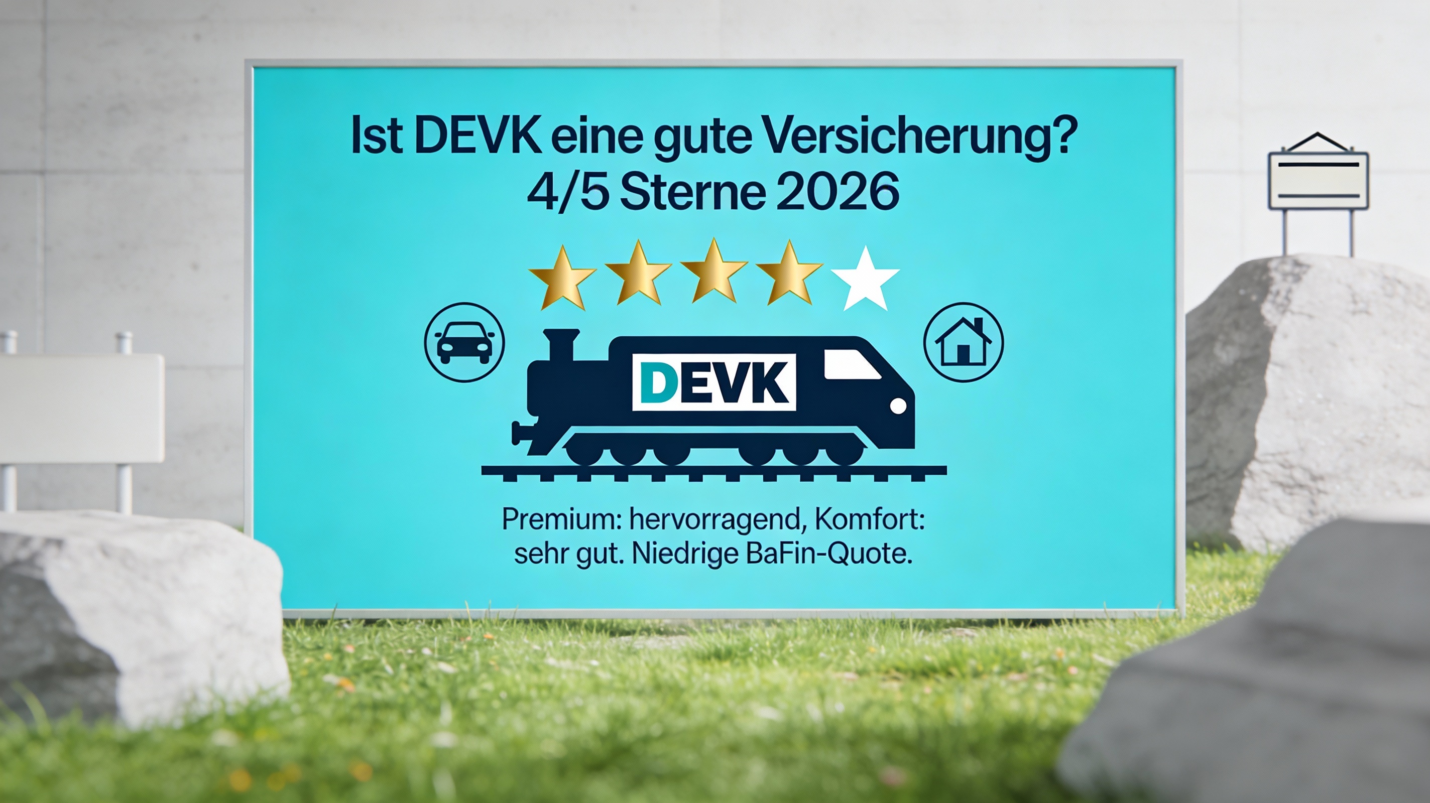 DEVK Logo mit einem Eisenbahn-Symbol und 4 von 5 Sternen