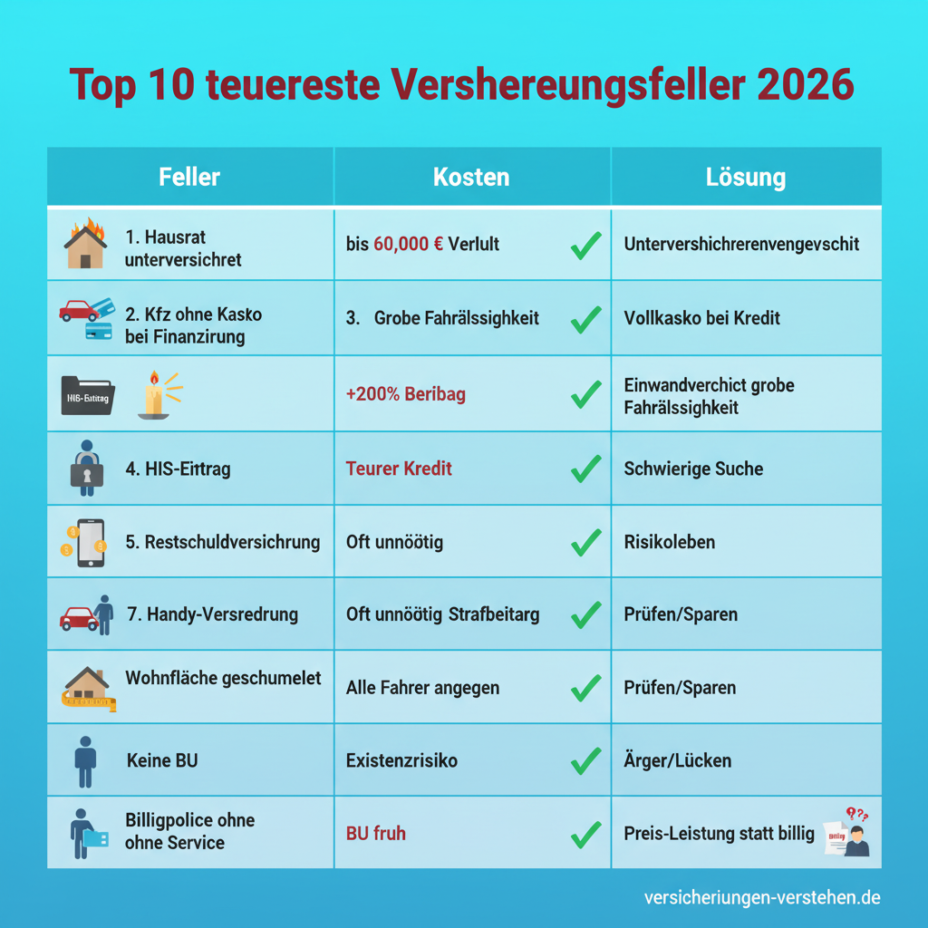 Tabelle mit Zusammenfassung der Fehler, Kosten und Lösungen