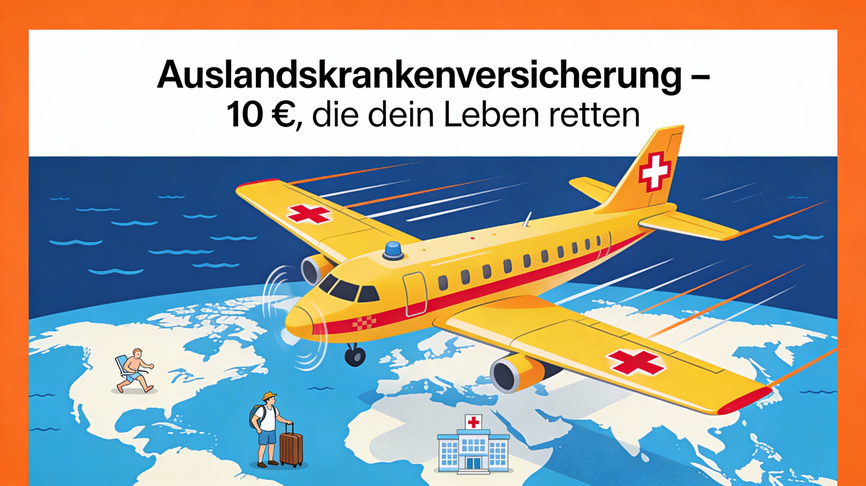 Ein gelbes Ambulanz-Flugzeug fliegt über eine Weltkarte