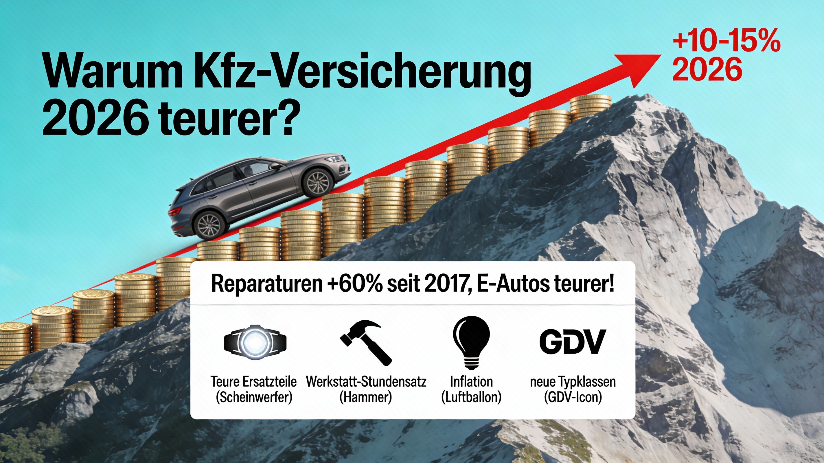 Grafik: Ein Auto fährt einen Berg aus Münzen hinauf, der Pfeil zeigt nach oben