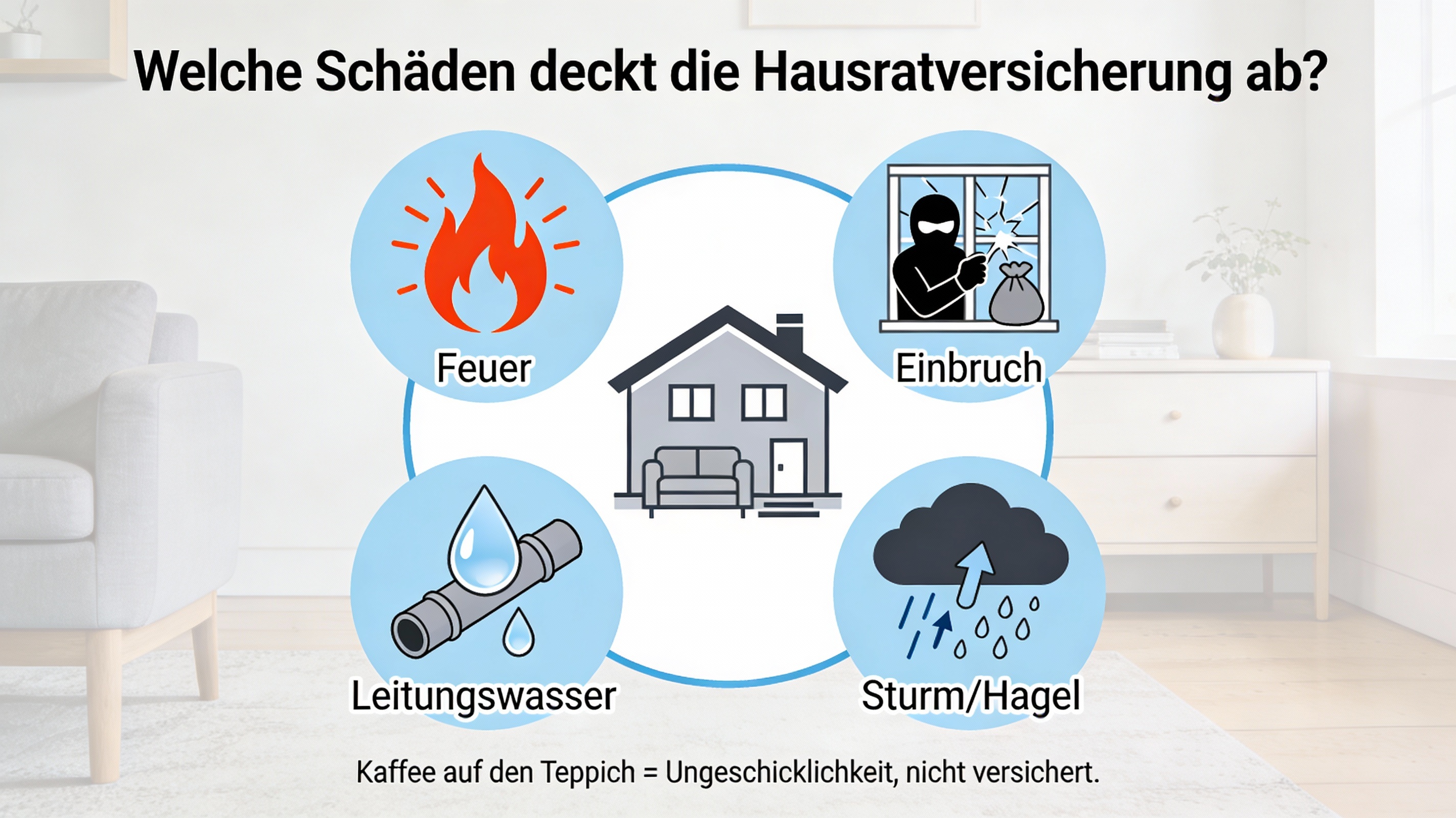 Illustration: Feuer, Einbrecher, Wasserrohrbruch und Sturmwolke