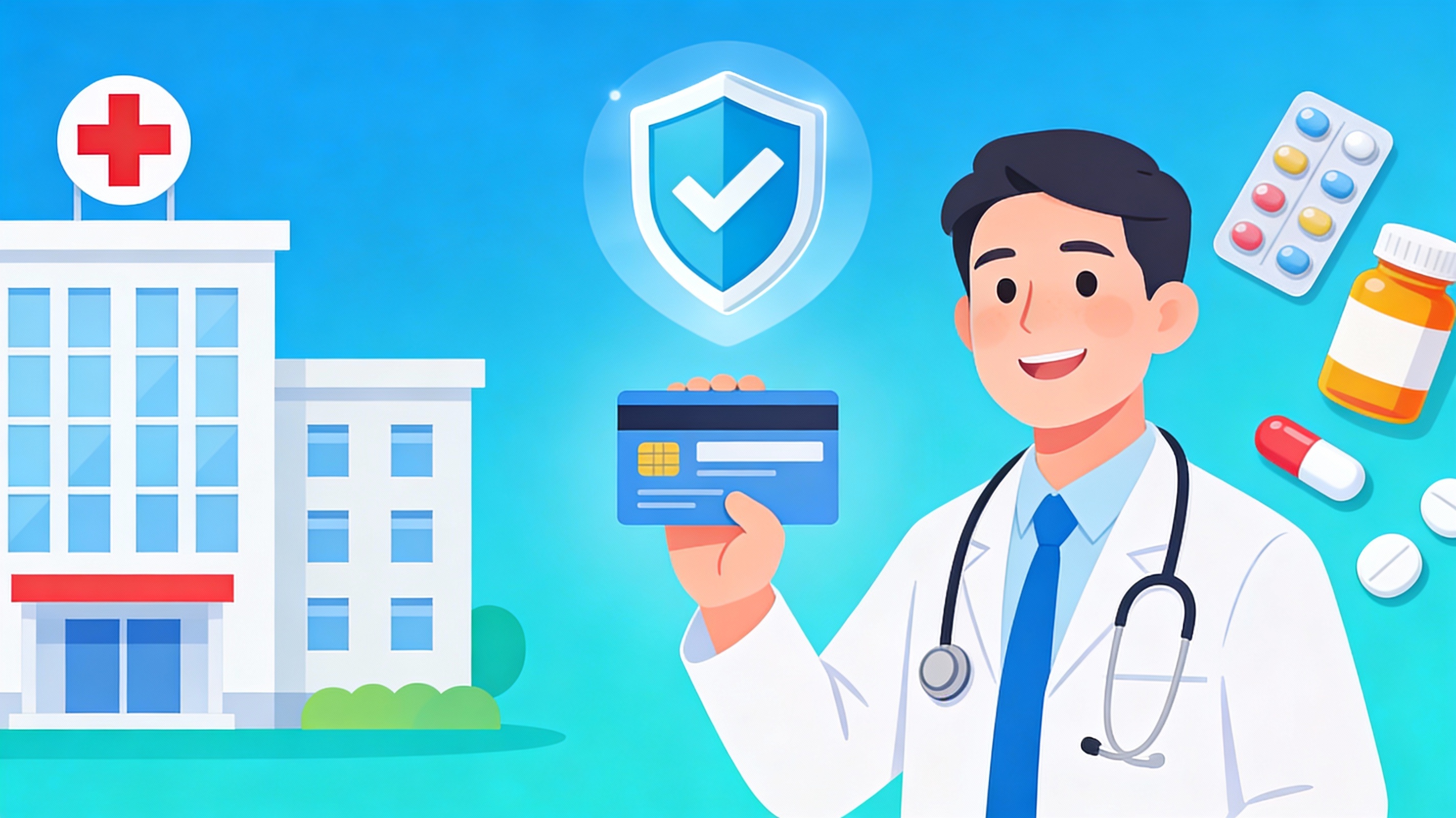 Arzt, Krankenkassenkarte und Krankenhaus-Symbol
