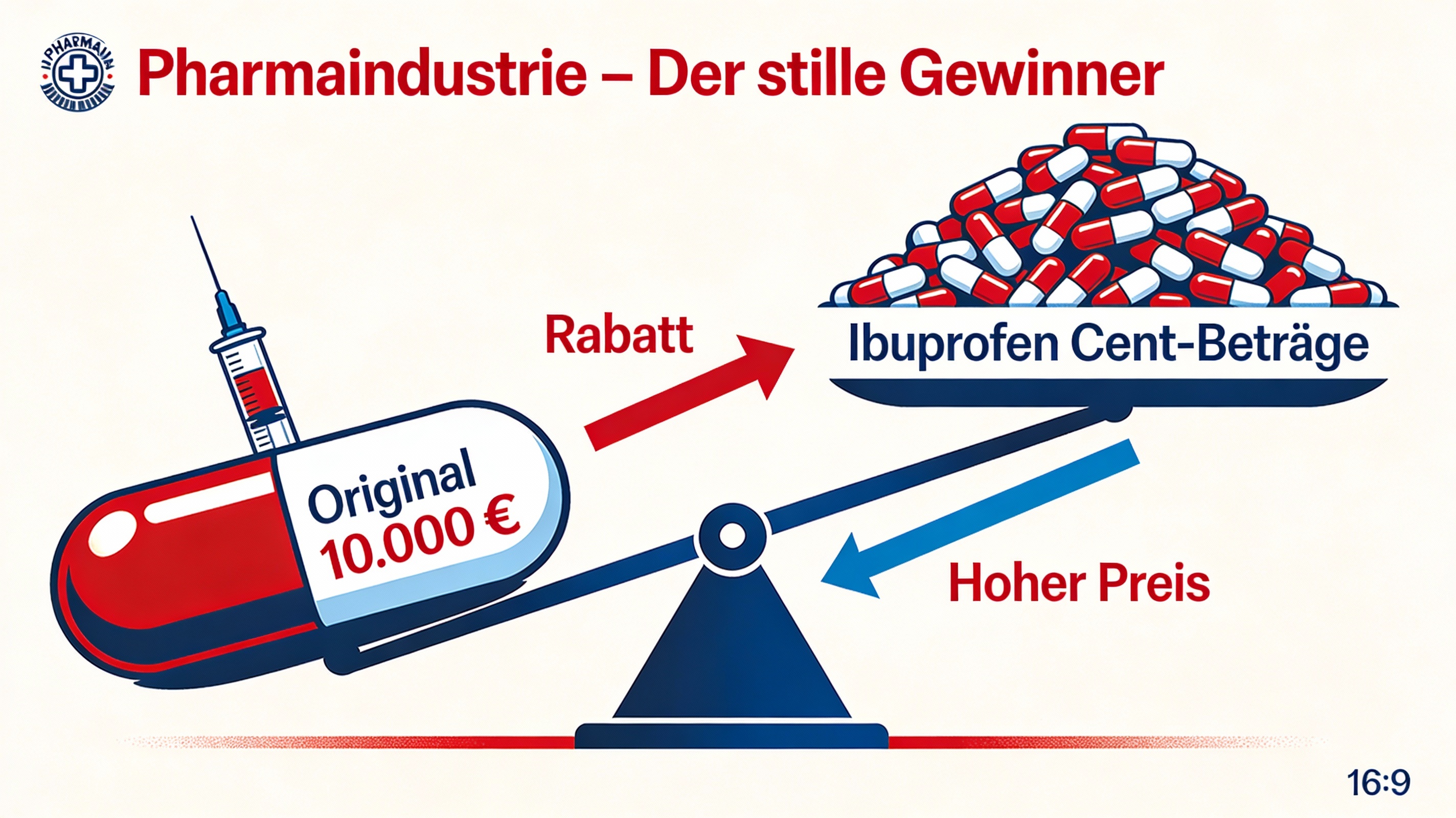 Waage: Auf der einen Seite eine teure Pille, auf der anderen Seite ein ganzer Berg Generika