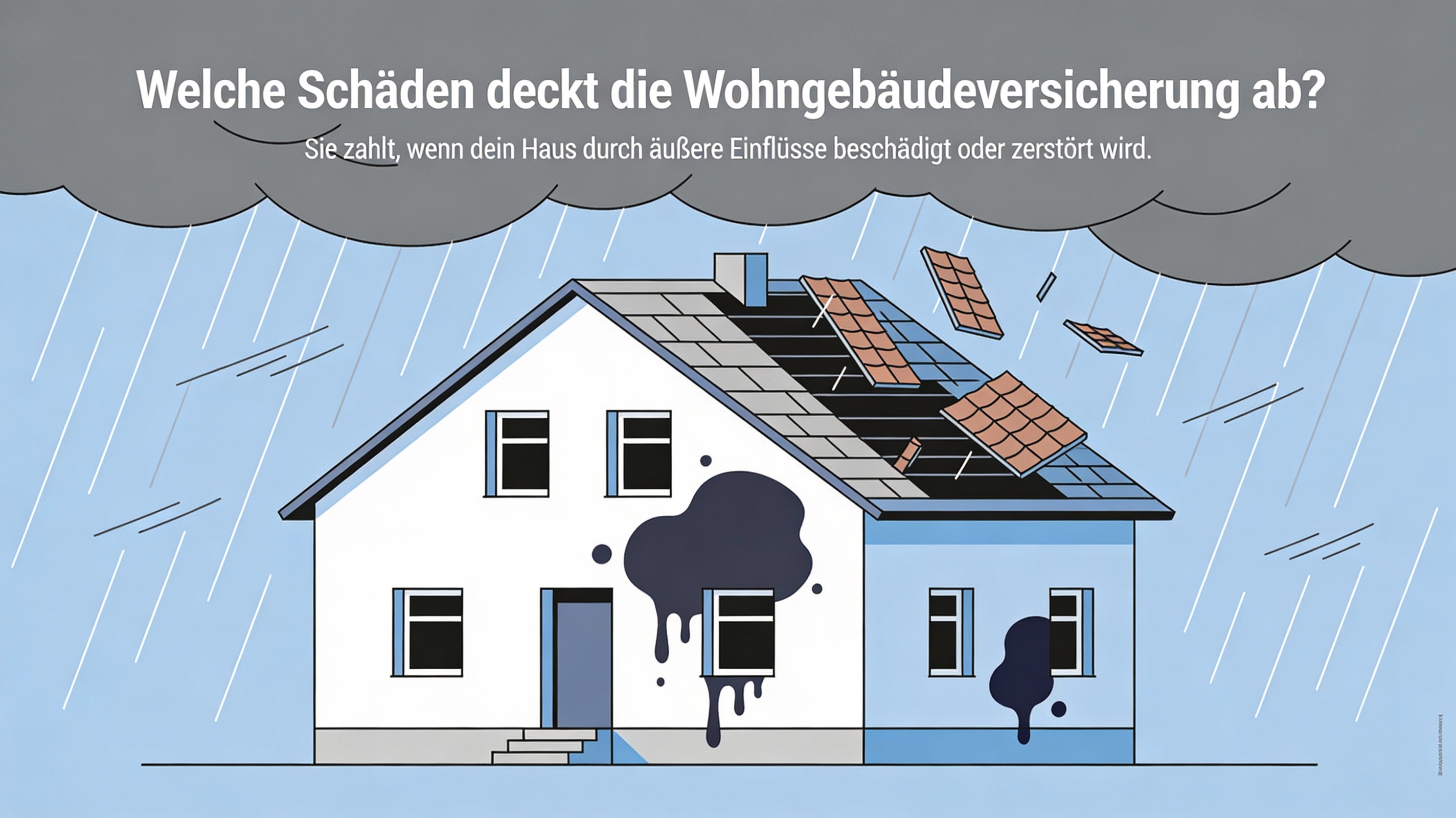 Illustration: Ein Haus mit abgedecktem Dach durch Sturm und Wasserflecken an der Fassade